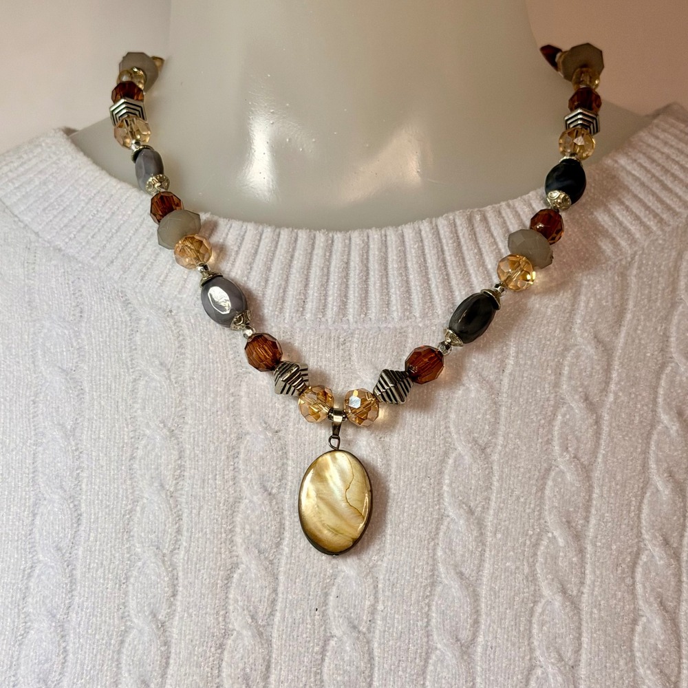 Earth Tone Beaded Necklace Mother of Pearl Pendant Brown Amber Crystal 21"